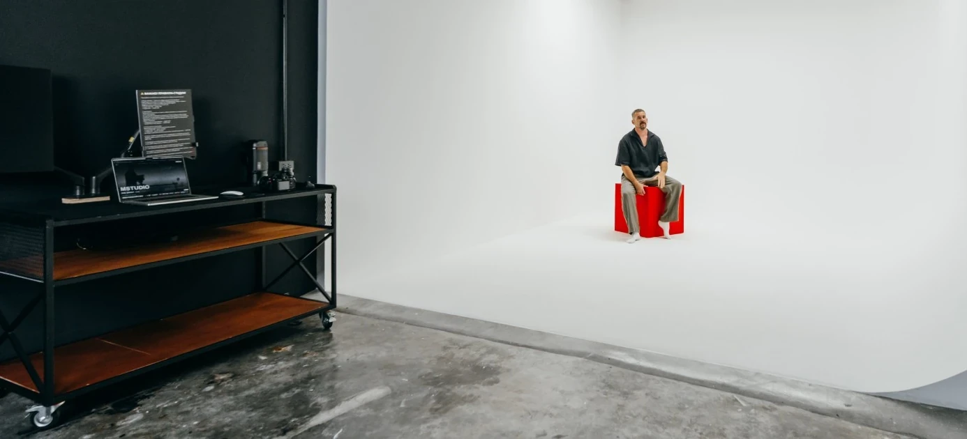 Studio 60 white cyclorama hall at MStudio Phuket with a red cube on set