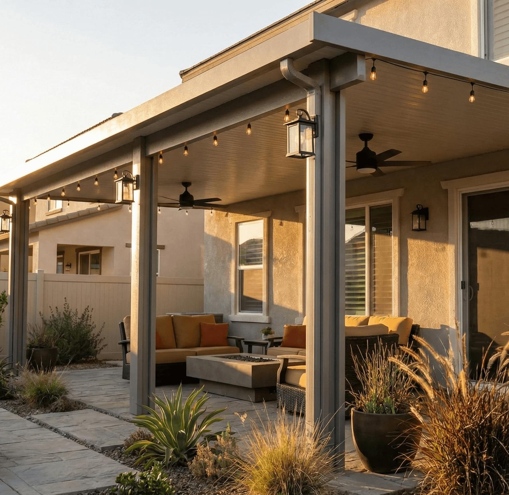 Custom patio cover installation in Los Angeles by Renova Built. This durable shade structure features a modern attached design that provides UV protection and reduces indoor cooling costs. Our team specializes in building weather-resistant aluminum and wood pergolas for year-round outdoor living.