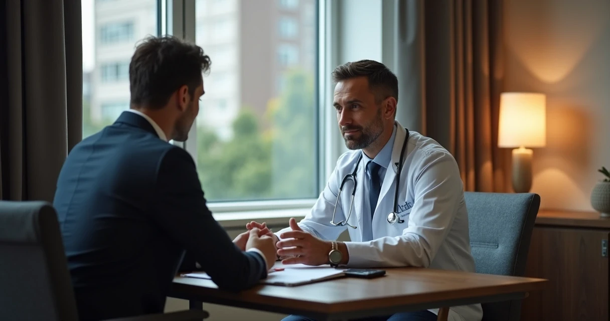 Homem em ambiente discreto conversando com profissional de saúde 
