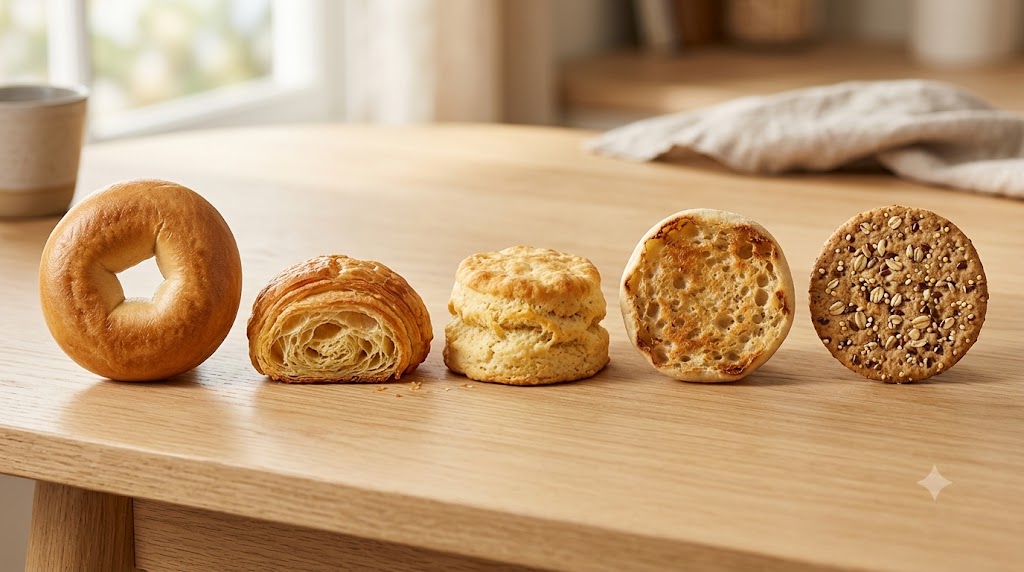 Five fresh breakfast sandwich carriers arranged on a wooden table, featuring a classic bagel, a flaky croissant, a soft biscuit, a toasted English muffin, and a multi-grain breakfast thin.