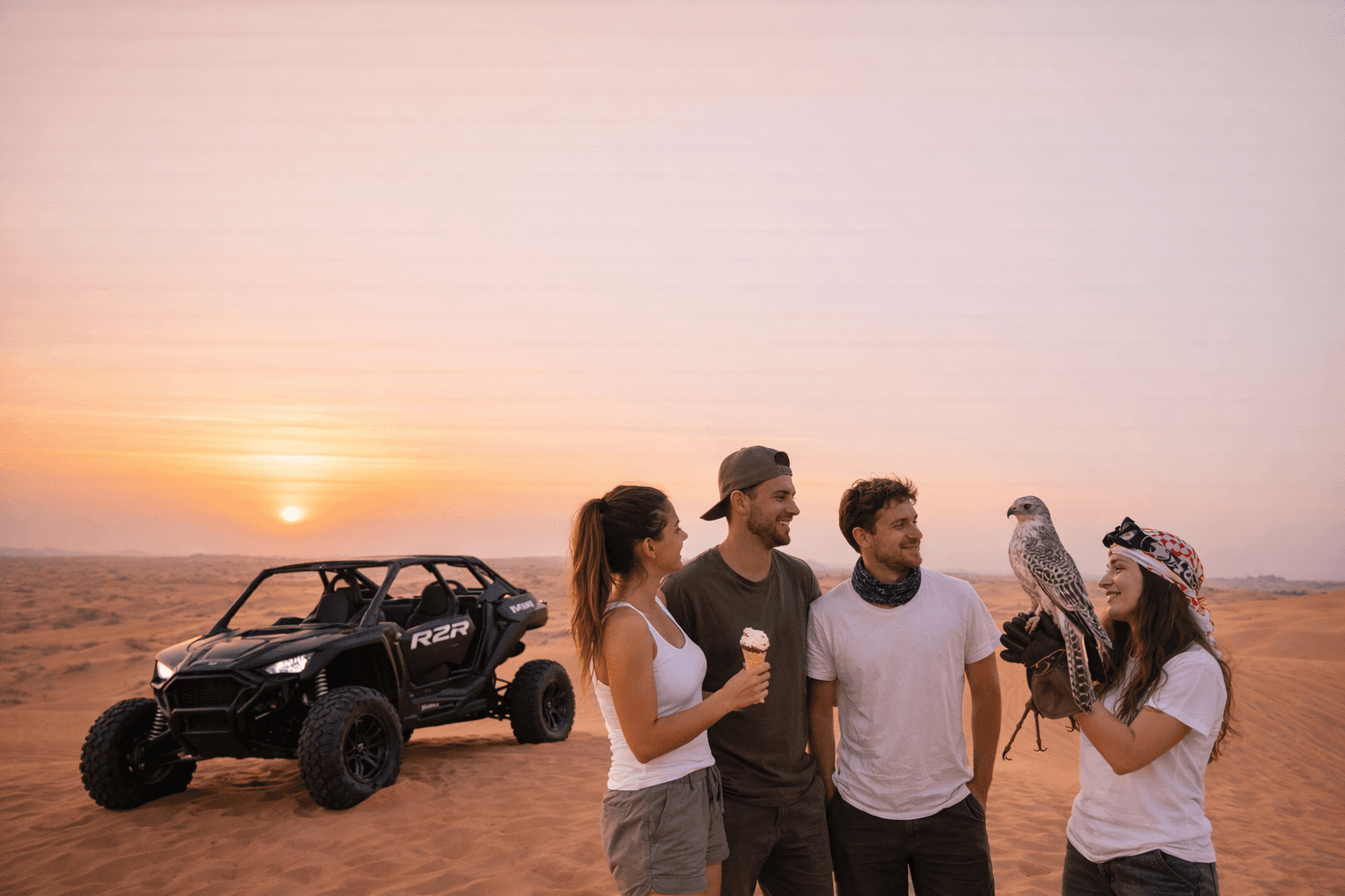 Group enjoying a sunset dune buggy tour with a Polaris RZR in the Dubai desert while holding a falcon with Dune Quest Tours buggy rental Dubai