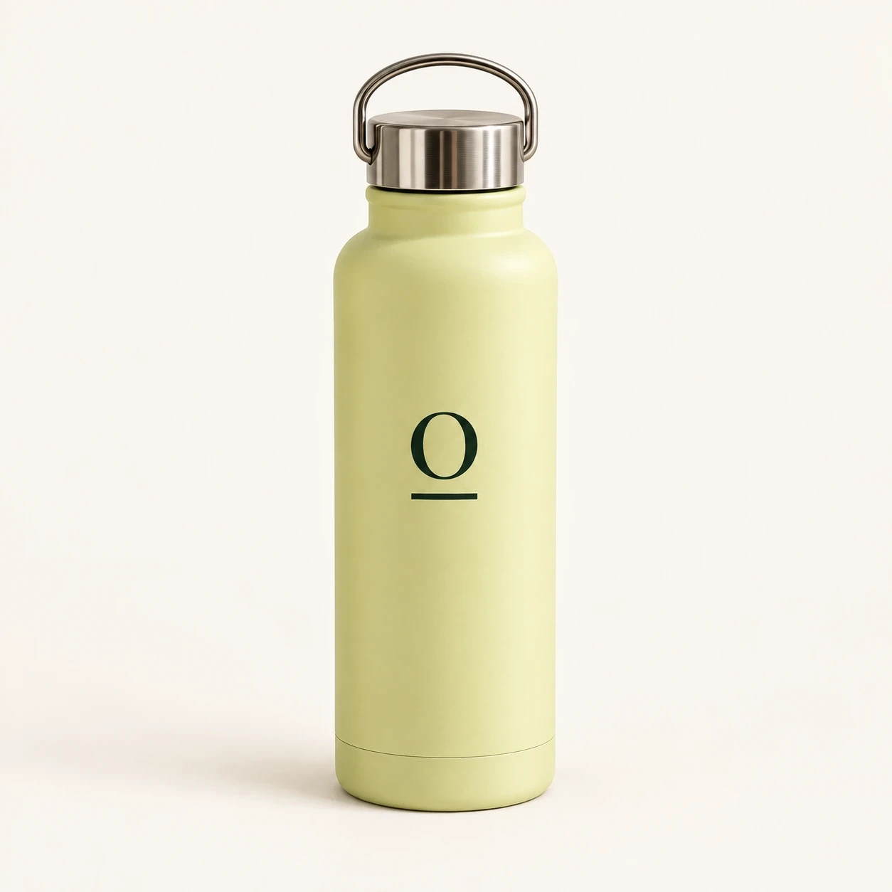 Soft citron bottle with silver carry lid and forest green underlined O.