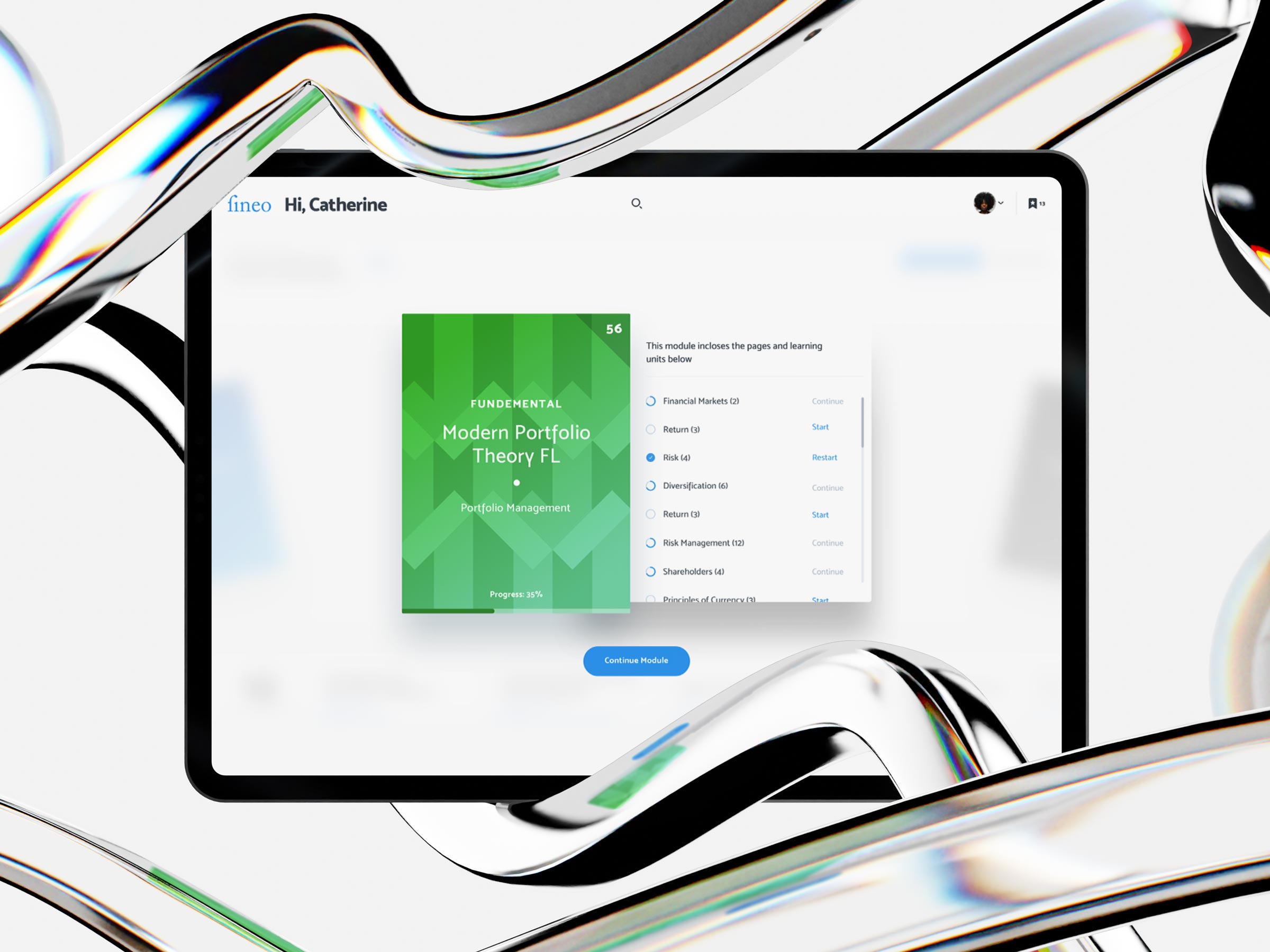 Interface of an online learning module titled ‘Modern Portfolio Theory FL’ displayed on a tablet screen, surrounded by reflective liquid-like metallic shapes.