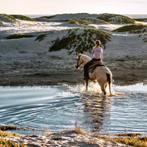 Woman horseback riding through Tarifa's coastal dunes and streams – Extra Activities Tarifa