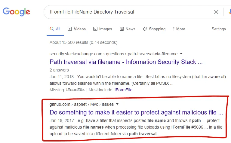Searching for any pointers to Directory Traversal attack against IFormFile.FileName .NET Core API