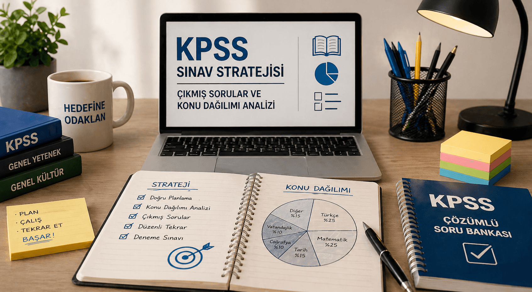 Düzenli bir çalışma masasındaki laptop, defter, KPSS kaynak kitapları, kalemlik ve not kağıtlarıyla sınav stratejisi ve planlı ders çalışma temalı modern çalışma ortamı.