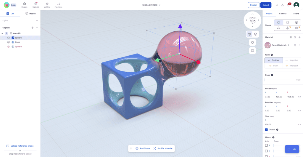 The Womp workstation with two abstract shapes laying on a 3d plane.