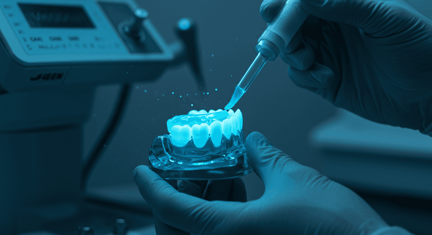 Regenerative biomaterial being applied to a tooth model in a cutting-edge dental lab.