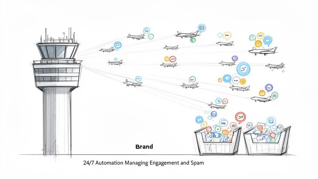Diagram showing a brand's automation system managing social media interactions, categorizing engagement and spam.