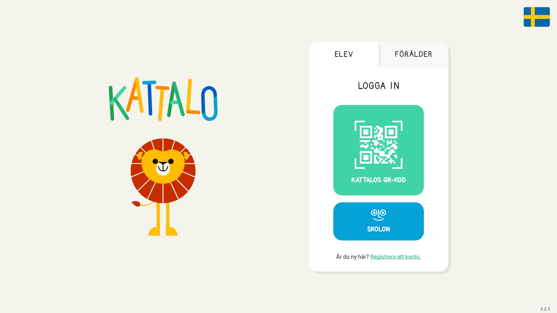 Kattalos inloggningsvy med flikarna Elev och Förälder och knapparna Kattalos QR-kod och Skolon