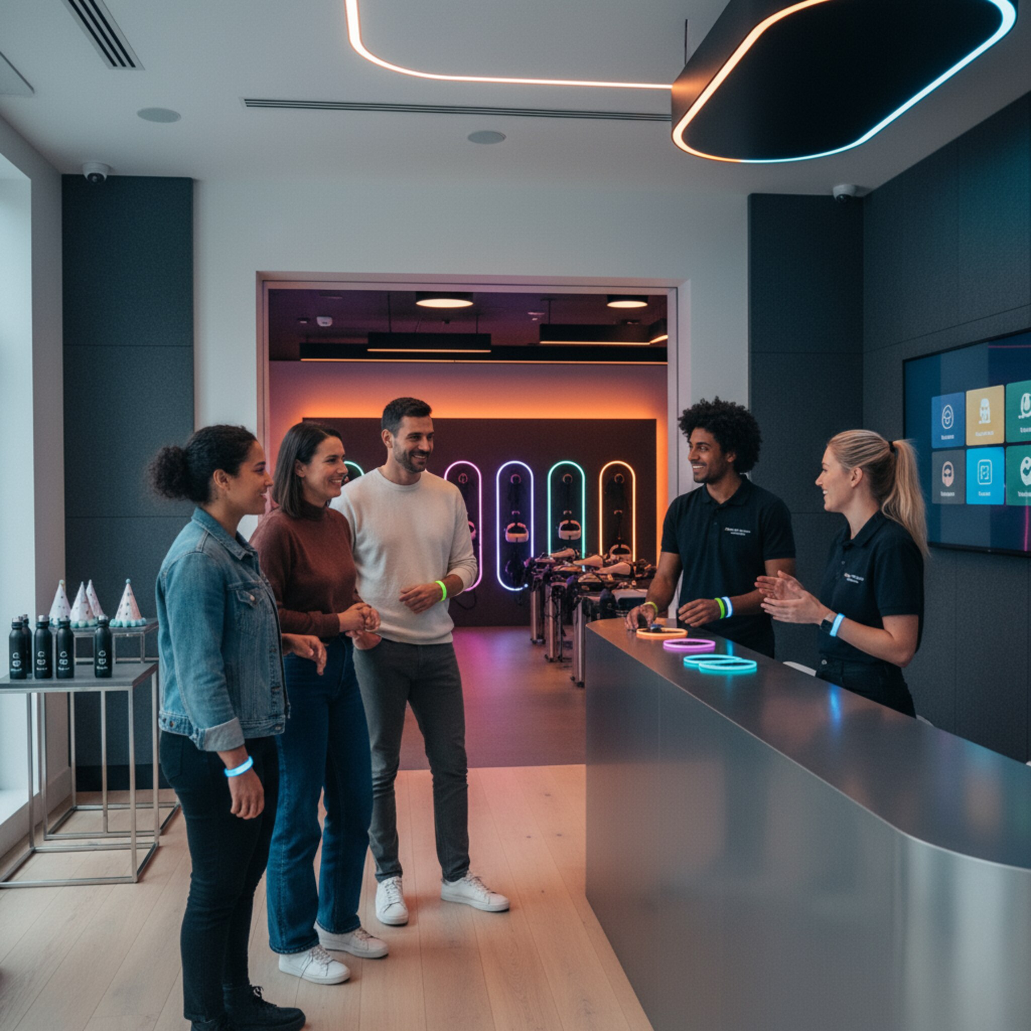 Eine Geburtstagsgruppe steht lachend am Empfang, bunte Armbänder werden verteilt. Auf einem hohen Tisch stehen Wasserflaschen und kleine Partyhüte, im Hintergrund wartet ein separater Raum mit sanfter Ambientbeleuchtung. Der Gastgeber deutet auf eine Tafel mit Erlebnissen. Es wirkt geordnet, einladend und bereit für das gemeinsame Abenteuer.