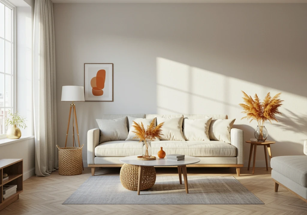 Scandinavian living room with white matte walls, minimalist design, and natural light
