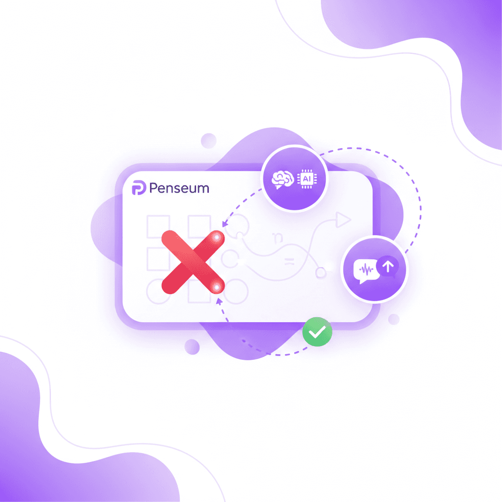 Screenshot of the Penseum digital canvas showing a math problem being solved, with AI annotations pointing out a specific error and offering voice-guided corrections