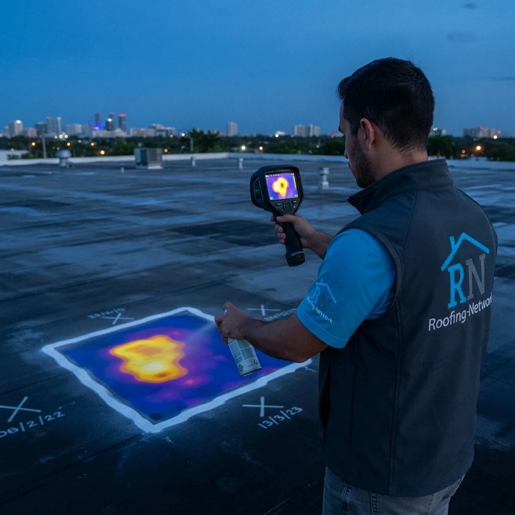 Infrared moisture survey marking saturated insulation on a South Florida flat commercial roof