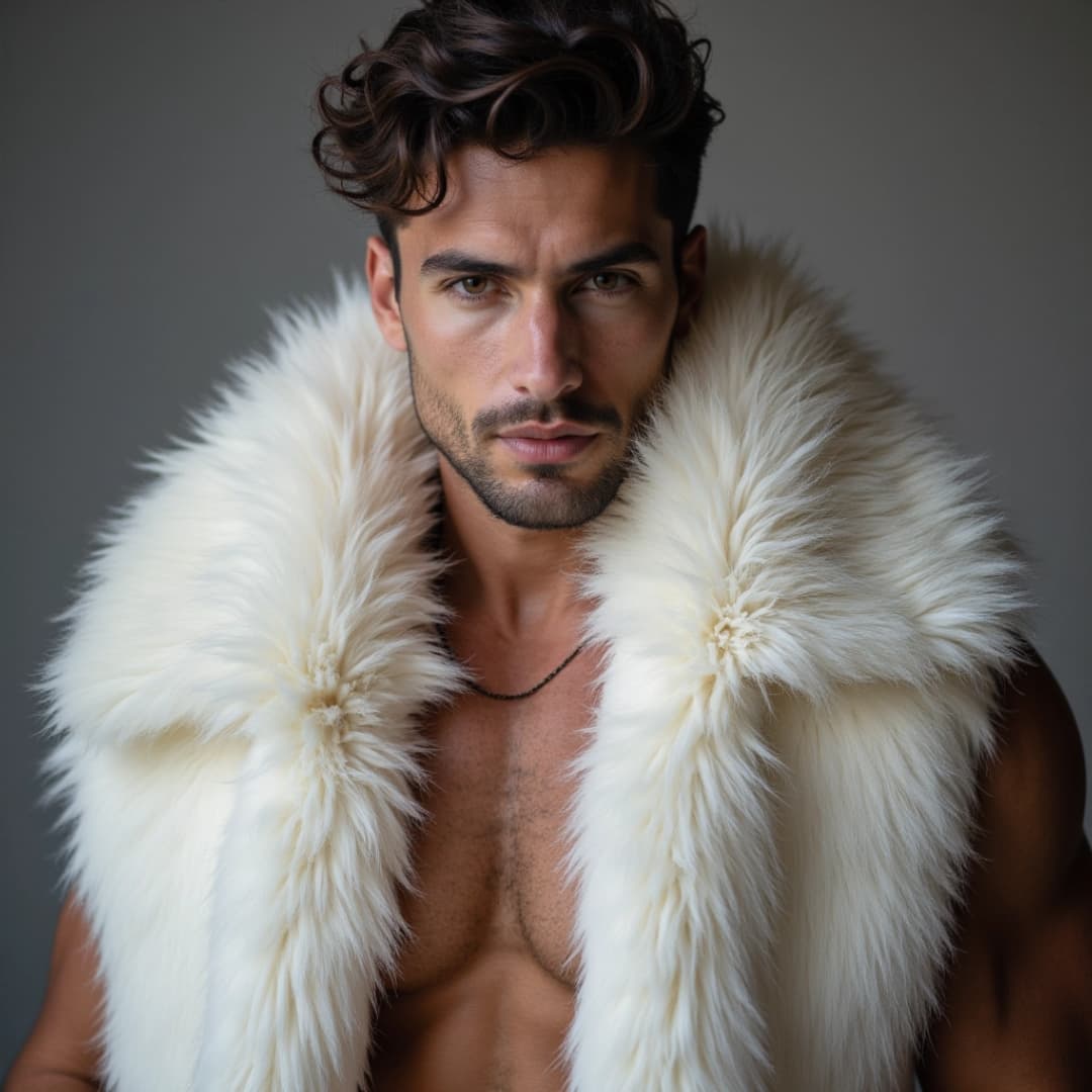 ein bild von einem attraktiven mann, mit einem pelzumhang, sonst trägt er keine klamotten