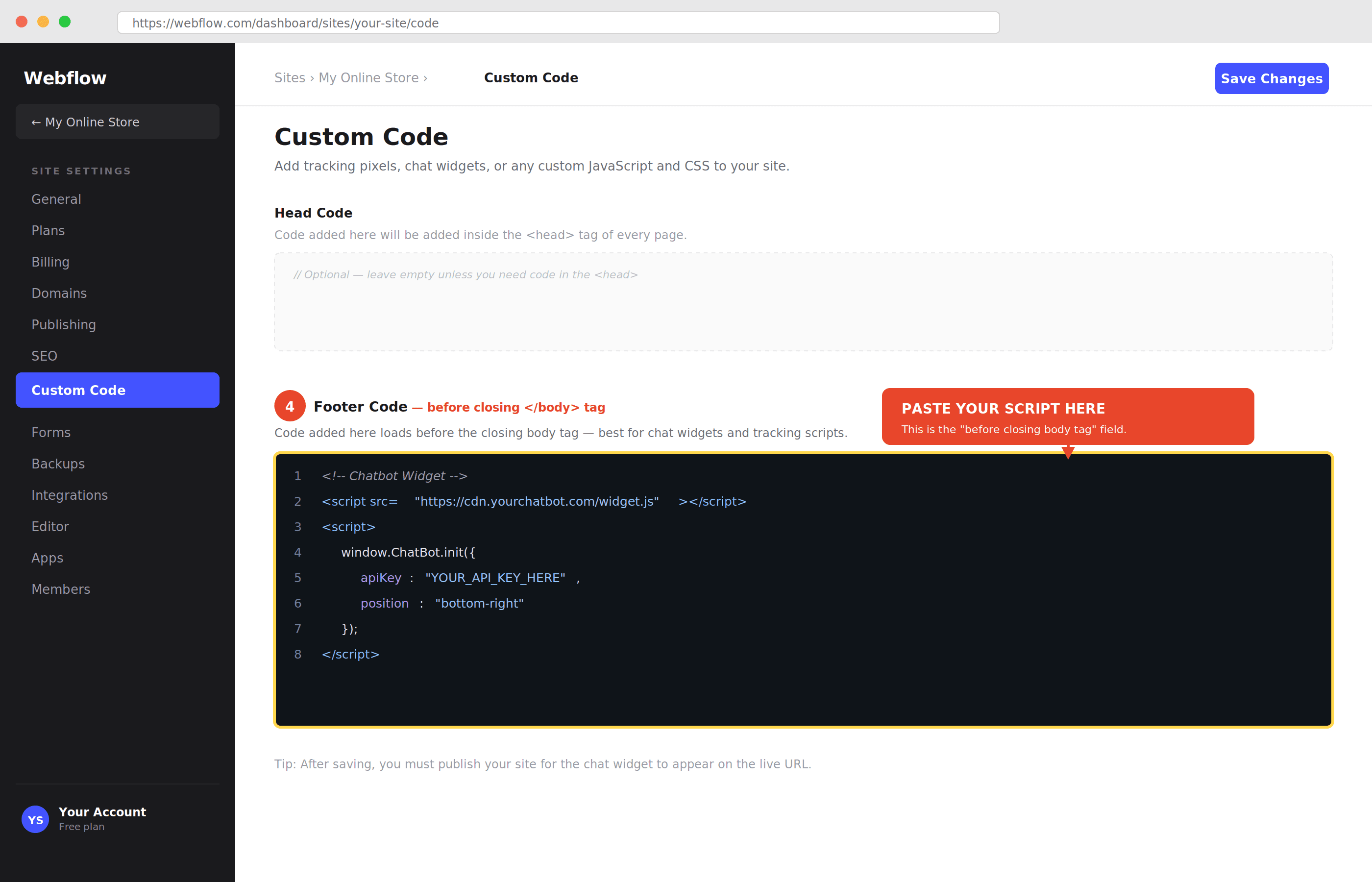 Best Webflow Ecommerce Chatbot header code setup