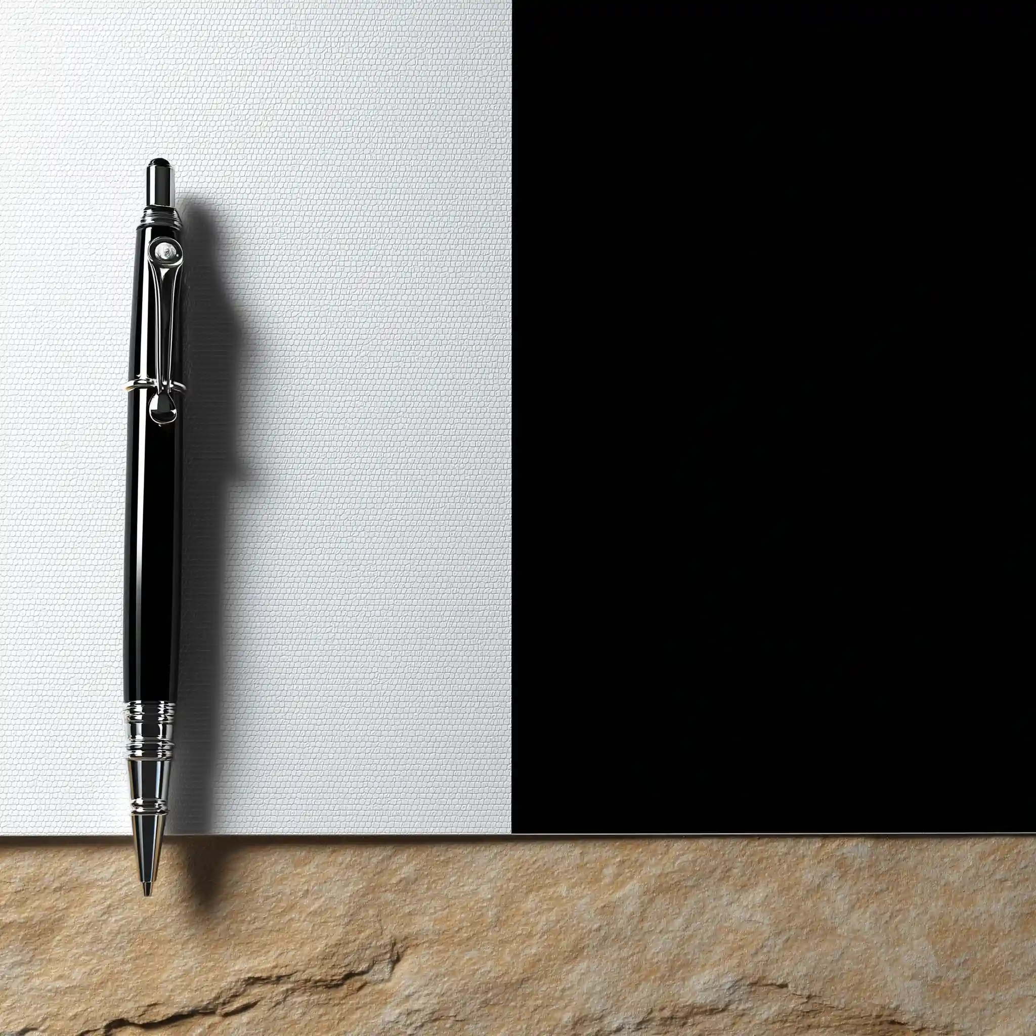 Split composition showing a pen and notebook, representing content creation.