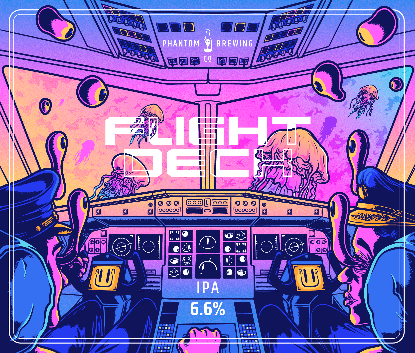 Phantom Brewing Packaging illustration showing the cockpit of a plane with a view on a strange universe and the title 'flight deck'