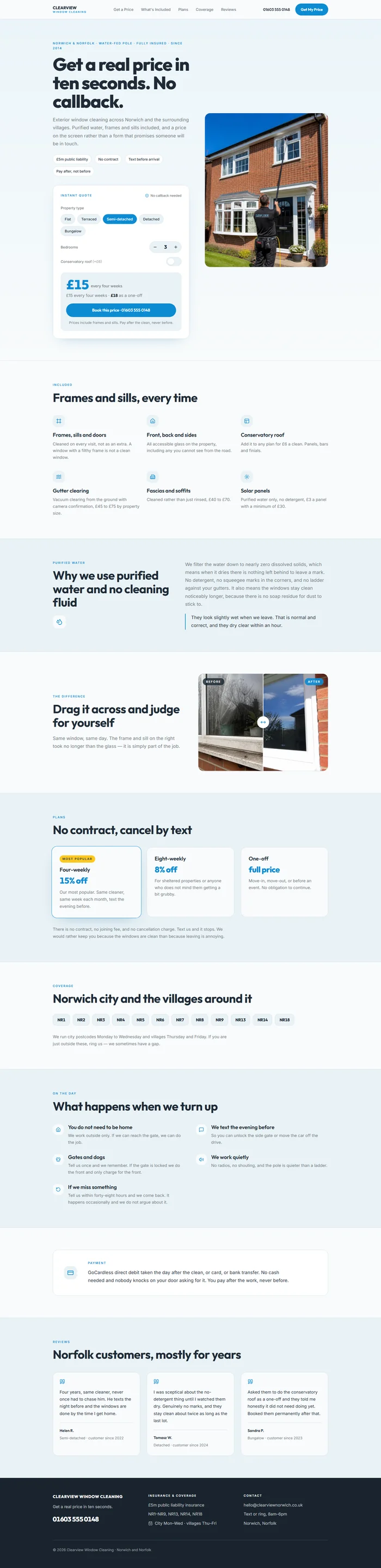 Full window cleaning website design: hero, instant quote, included services, plans, coverage