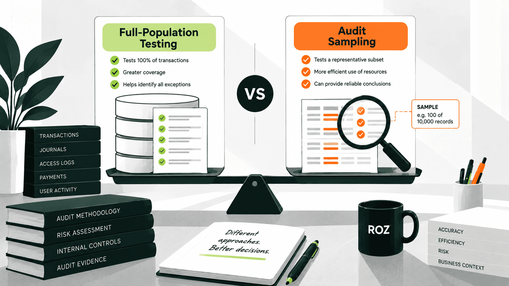 Audit sampling compared with full-population testing workflows.
