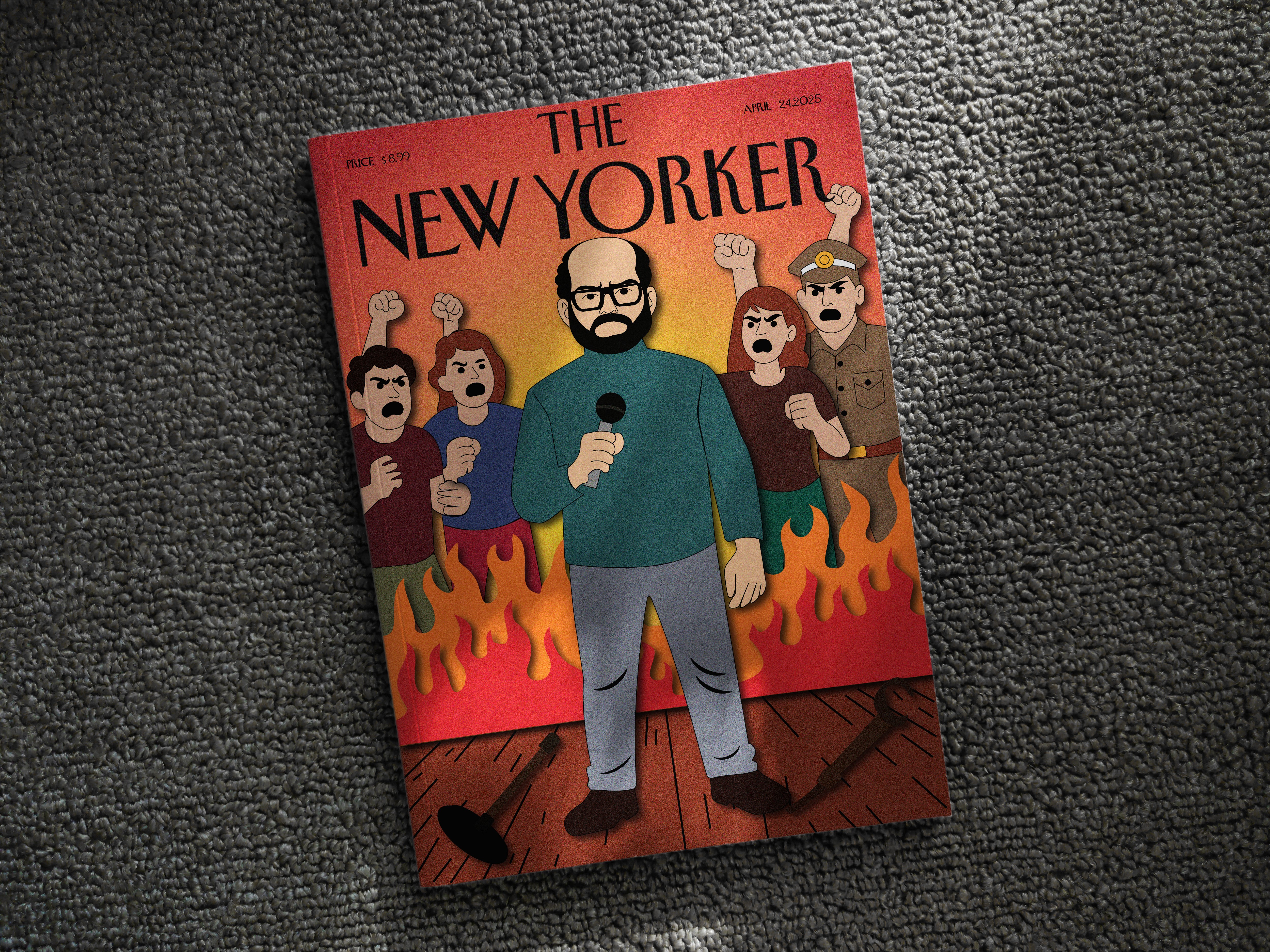 A close-up of a person wearing green-tinted glasses, with a serious expression and smooth skin.