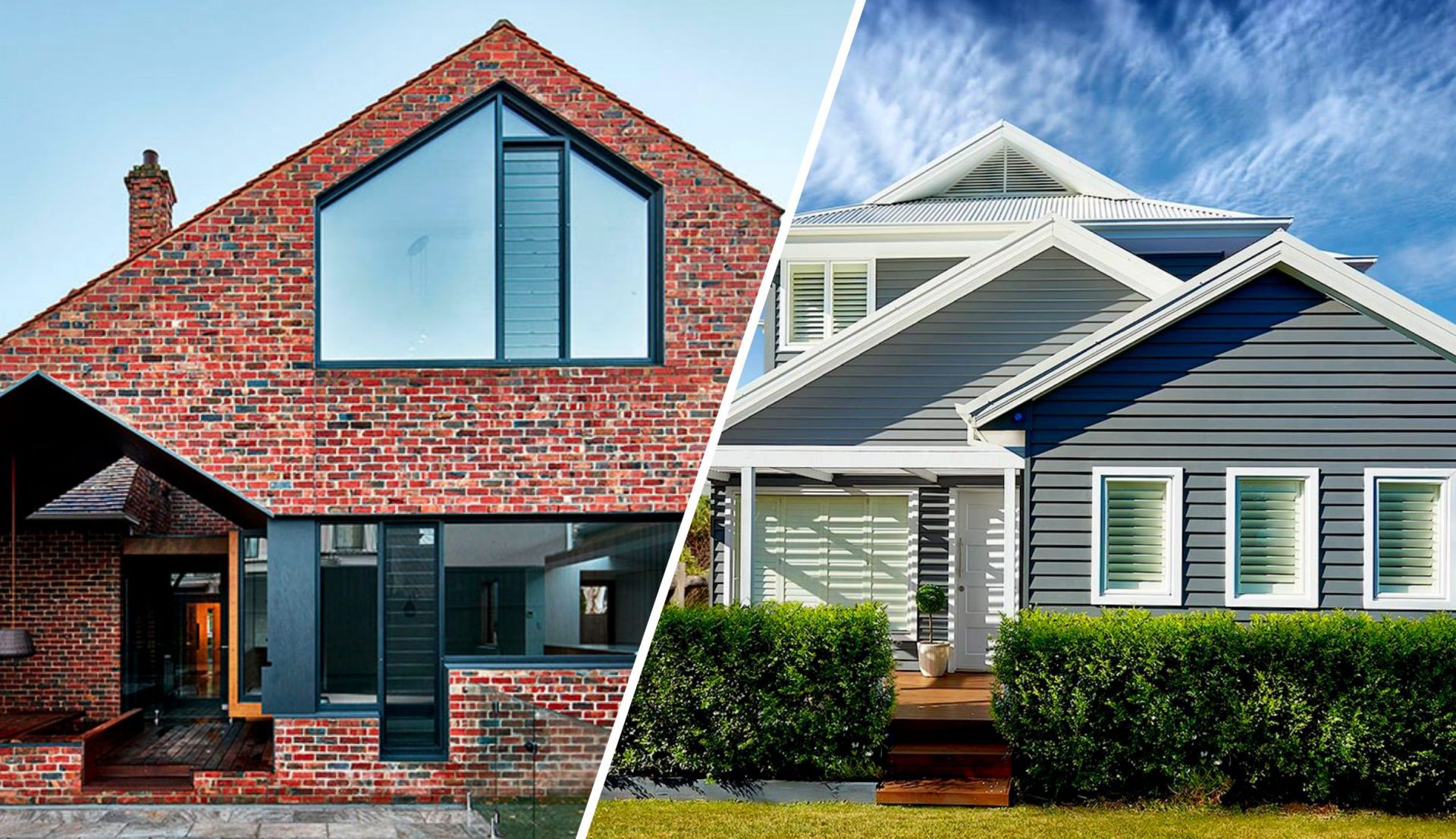 Two houses, one brick, one grey siding