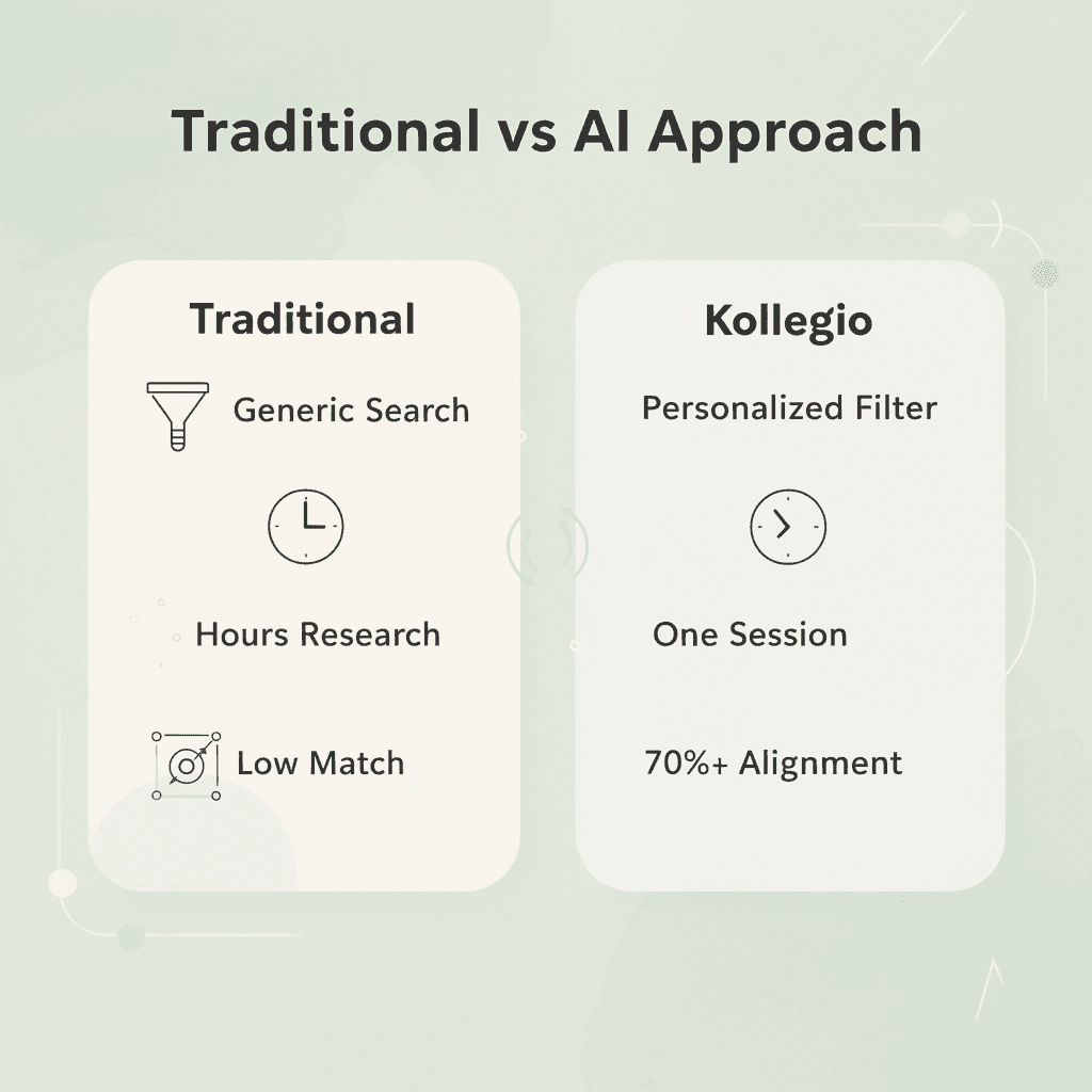 Comparison chart showing traditional approach versus Kollegio's AI approach