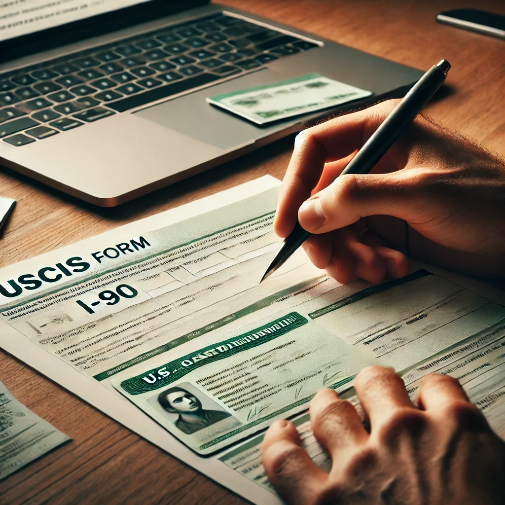 Close-up of hands filling out USCIS Form I-90 with a Green Card and laptop displaying USCIS website in the background.