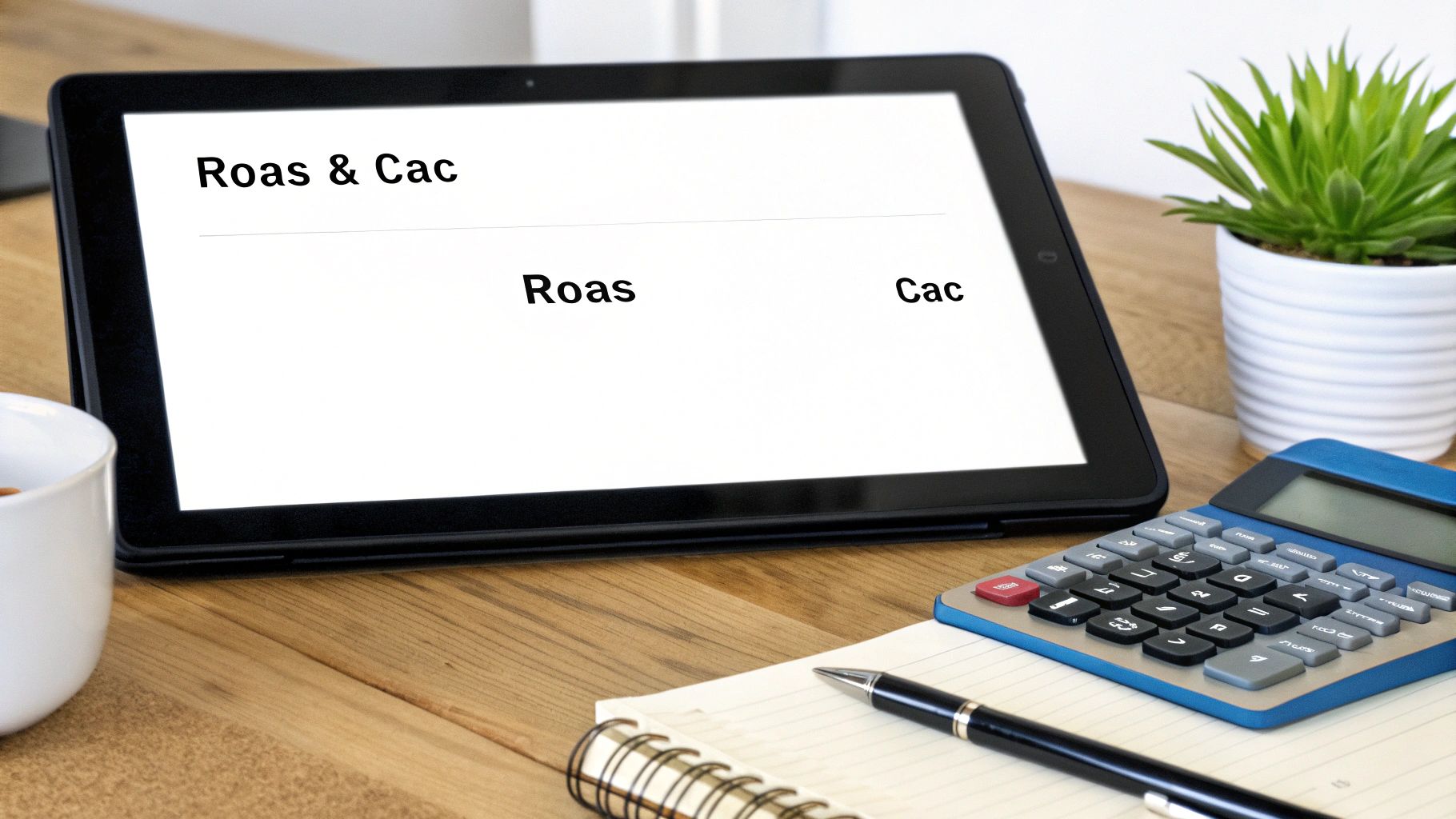 A tablet displaying ROAS and CAC metrics on a wooden desk with a calculator, notebook, and pen.