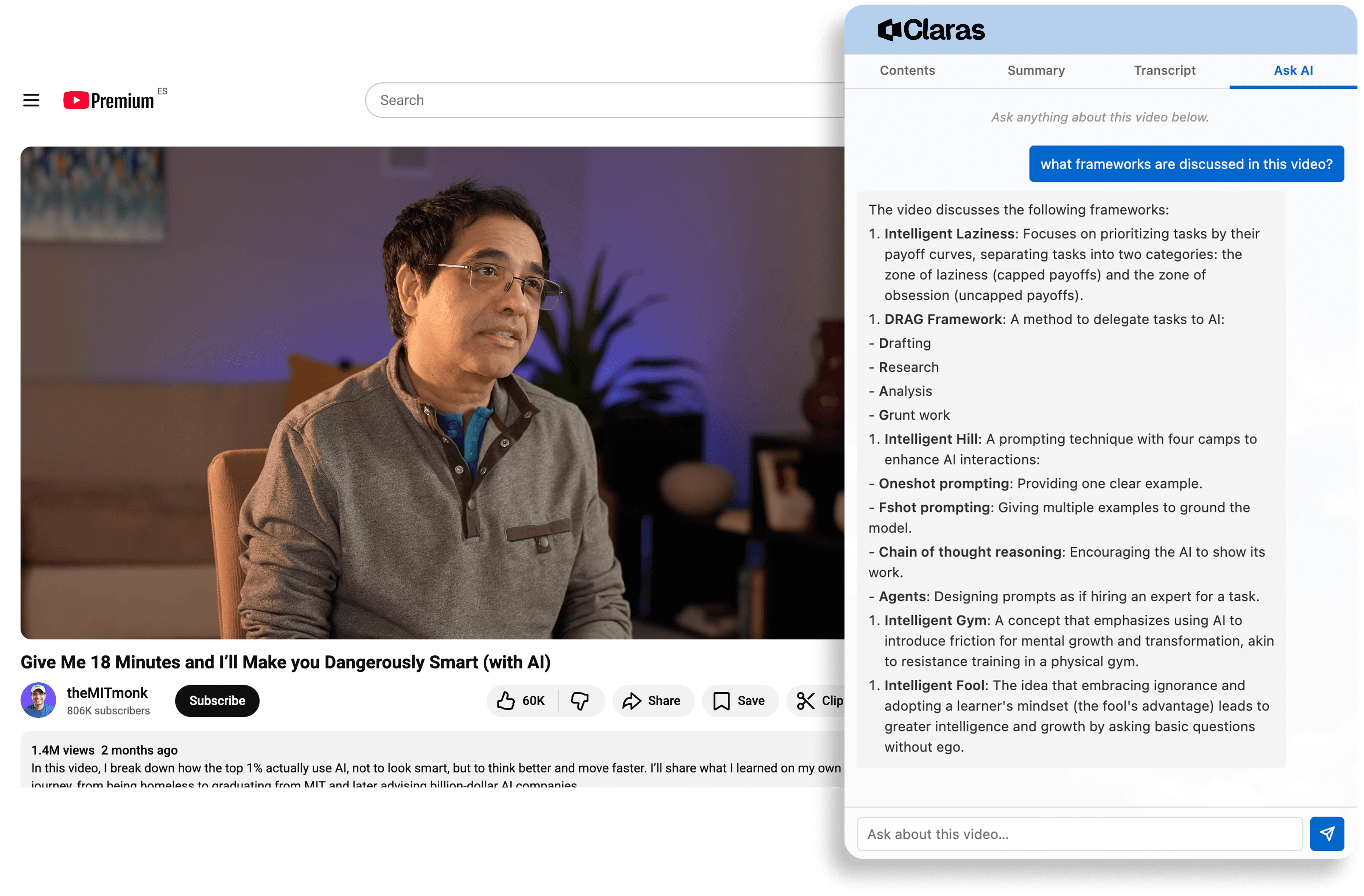 An image of Claras product youtube transcriber AI chat