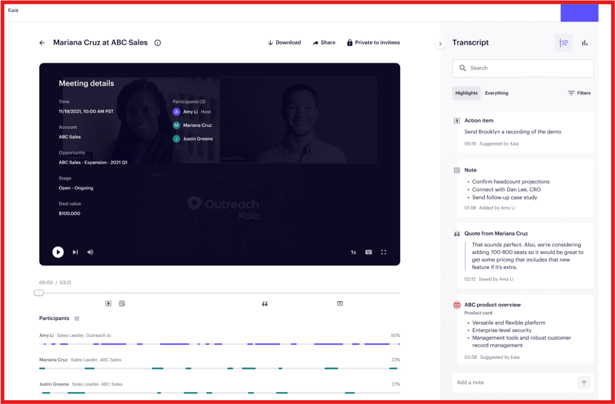 Kaia AI assistant transcripts meetings
