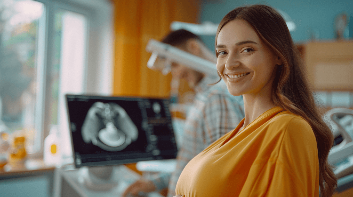 woman sitting in dentist chair smiling at camera