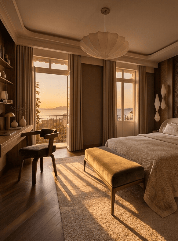 Détail lumière du soir sur banc en velours vert et literie beige, projet hôtel Lausanne, architecture d'intérieur