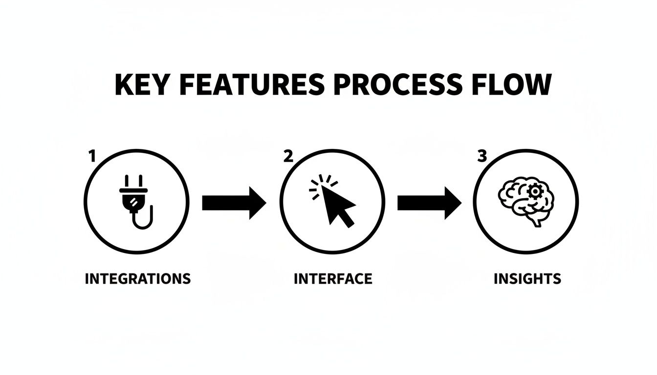 A key features process flow diagram illustrating integrations, interface, and insights as three sequential steps.
