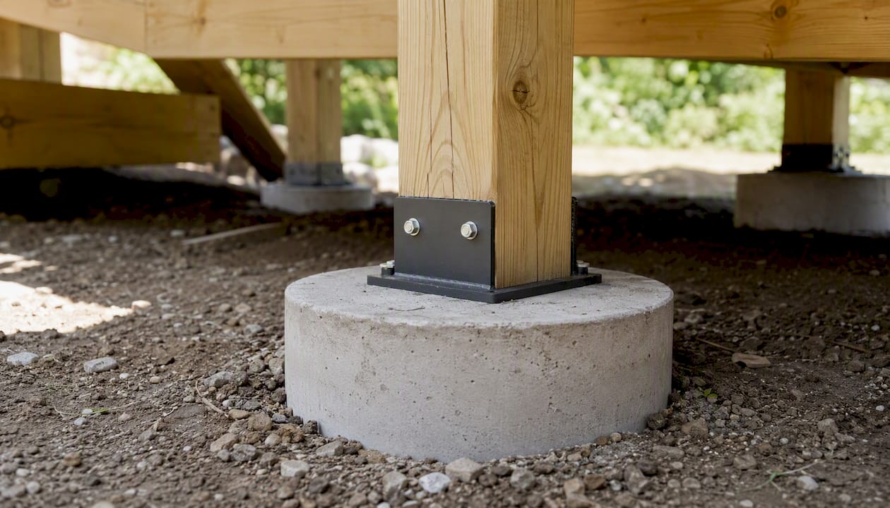 Dedicated post and footing supporting deck