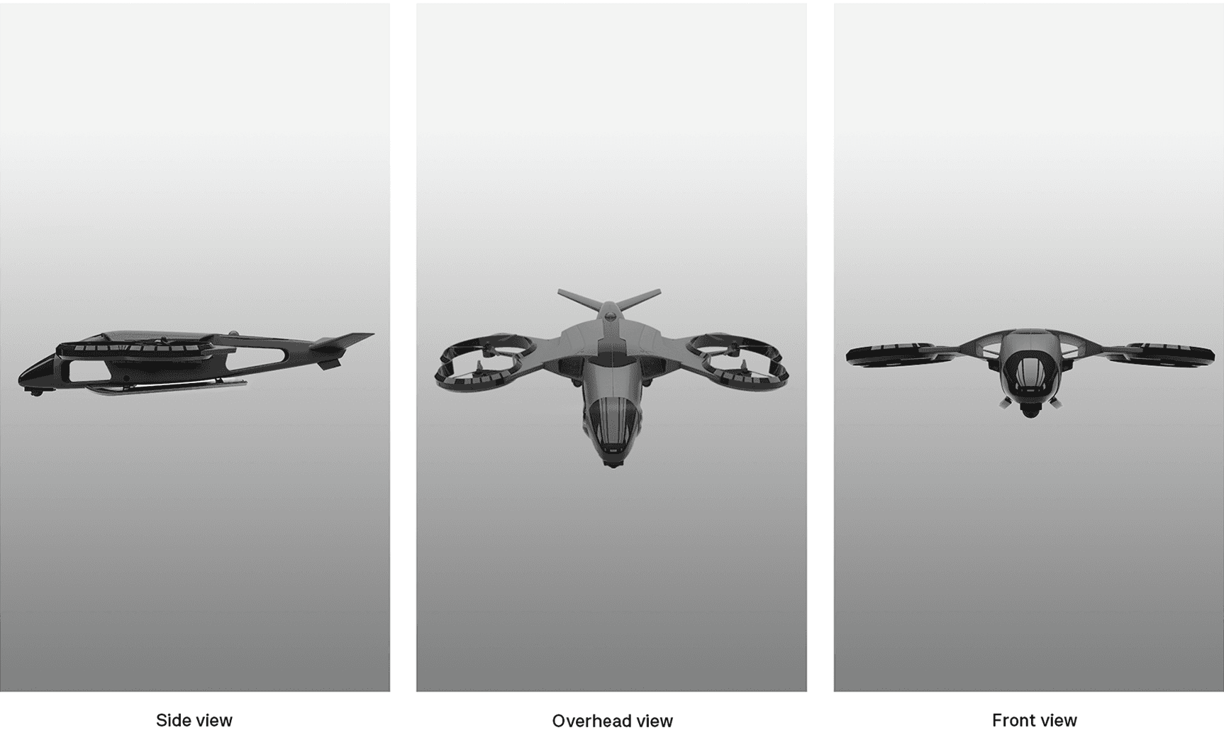 3D model of the firefighting drone from side, overhead, and front views, detailing the final design from multiple technical perspectives.
