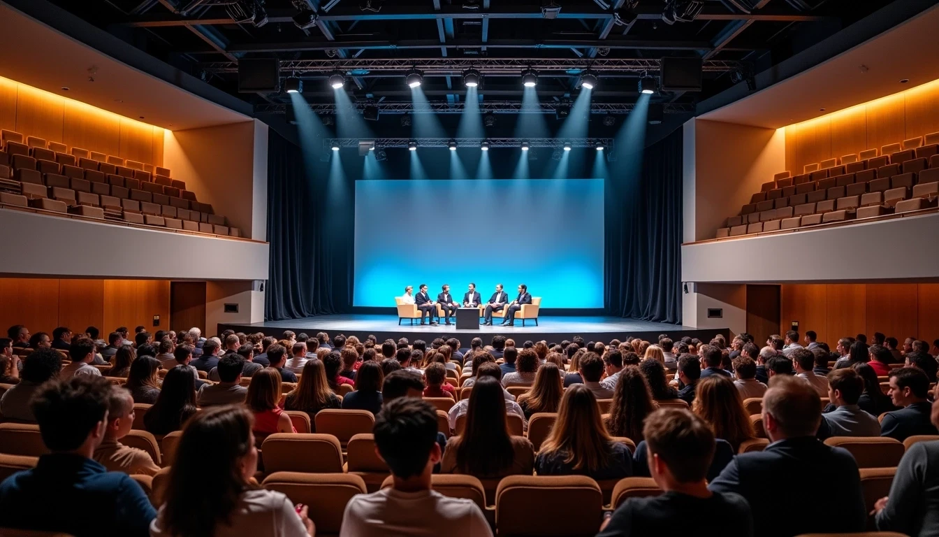 A plenary session taking place in a large conference venue with the audience looking towards the stage, that has 6 people sitting in a semi-circle. 