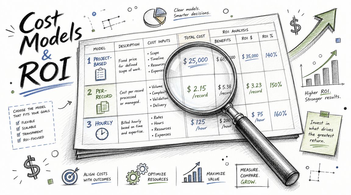 A hand-drawn chart comparing three cost models, project-based, per-record, and hourly, highlighting ROI analysis and financial metrics.