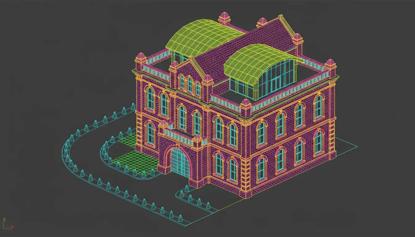 Isometric view of a 3D wireframe CAD model of an ornate two-story brick building, presented in the style of AutoCAD software. The model is set against a solid dark charcoal background. The wireframe consists of thin, vibrant colored lines—yellow, magenta, cyan, orange, and green—that precisely outline architectural features. The building includes arched windows, a large vehicle archway, detailed brickwork, and a second-floor terrace with a modern curved green roof structure. A curved road with tiered rows of small bollards is visible on the left.