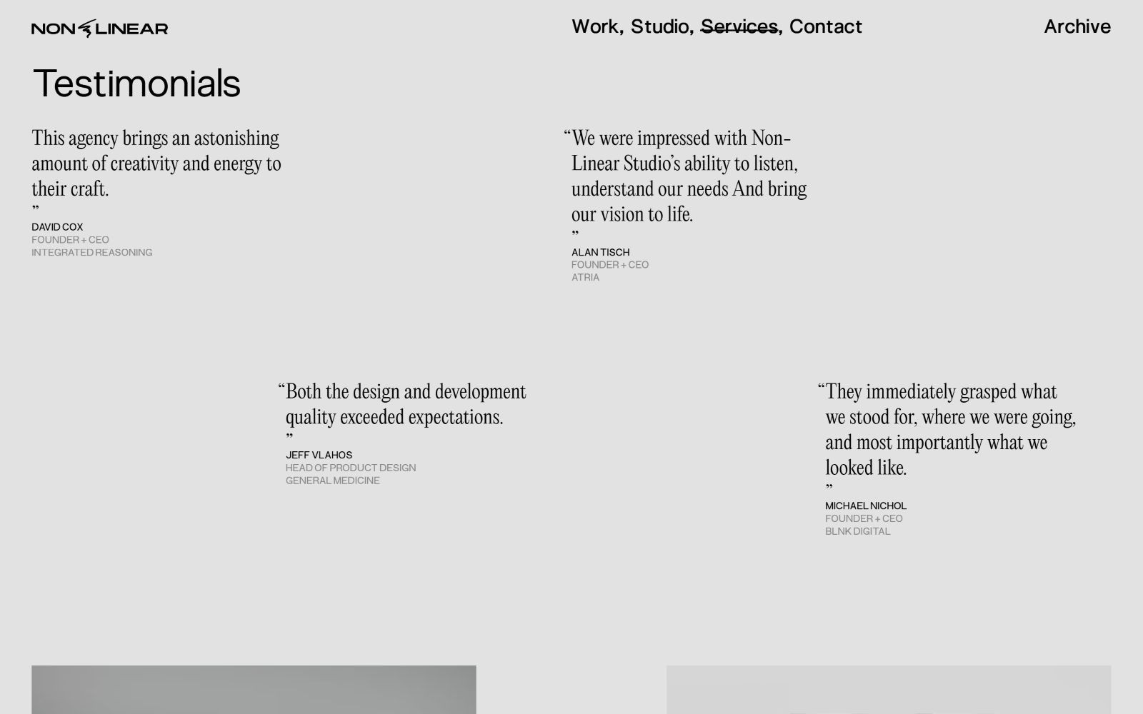 Testimonials section with text quotes praising agency's creativity and service. Black text on white background, minimalist design.
