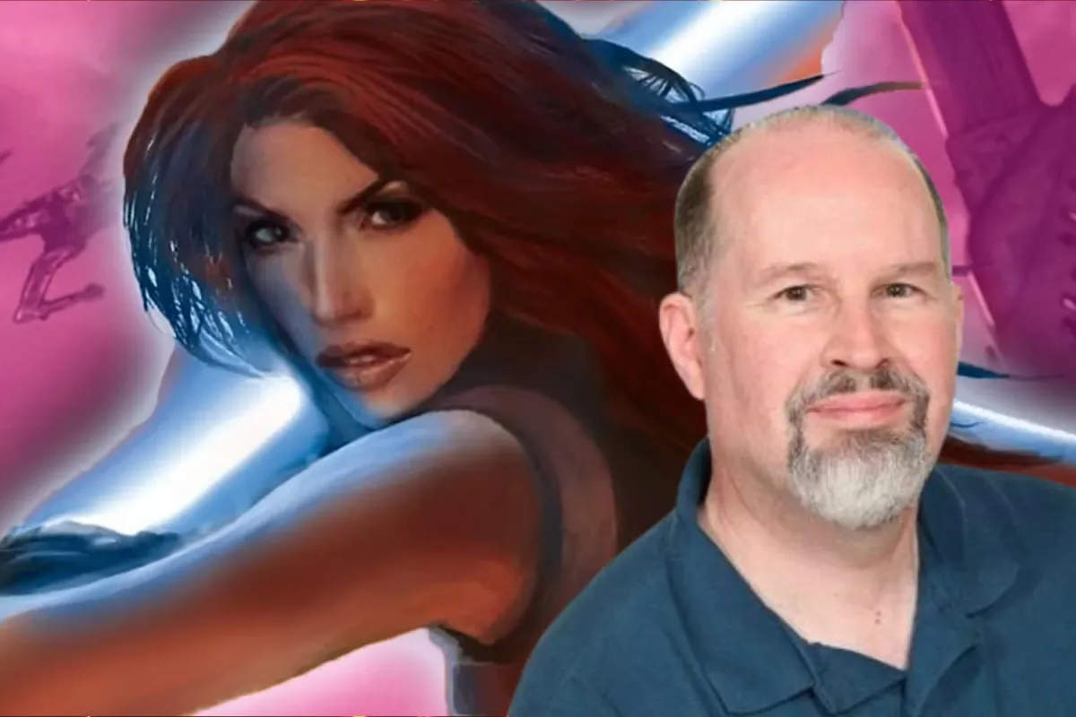 Mara Jade headshot from Sacrifice behind a headshot of Author Timothy Zahn wearing a blue shirt