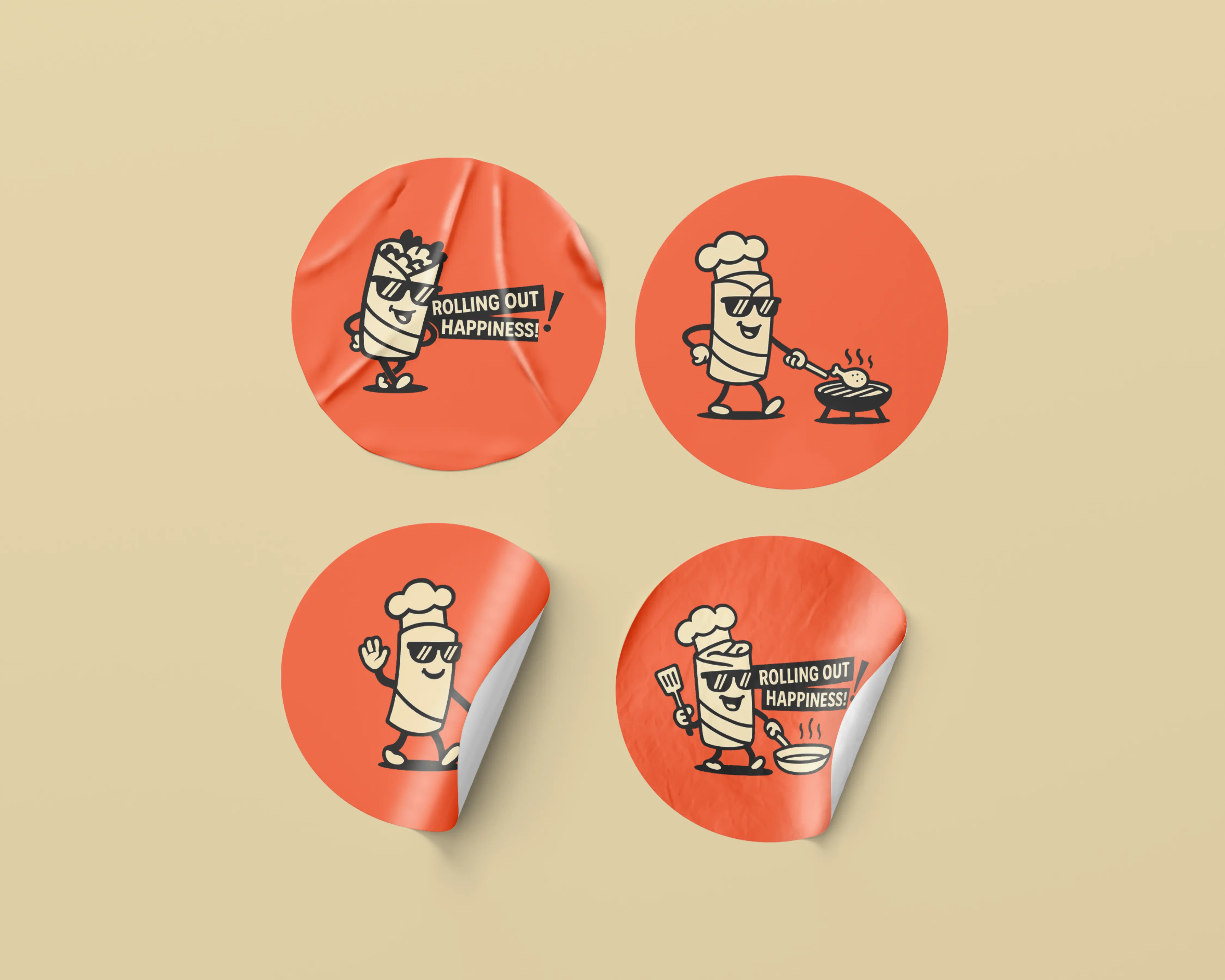 Set of circular Rico Rolls stickers featuring the brand mascot in various poses on orange backgrounds, displayed on a beige surface.