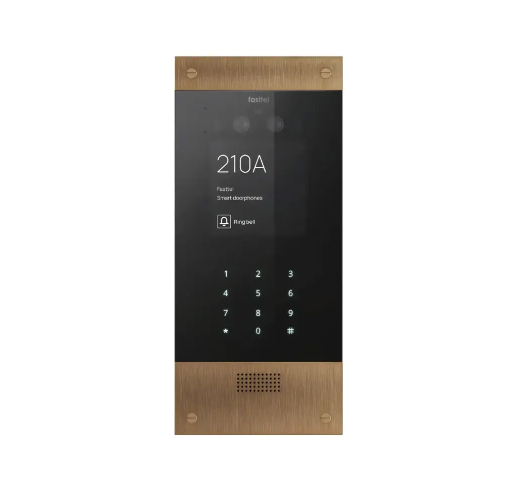 Black smart home device with screen showing time and temp