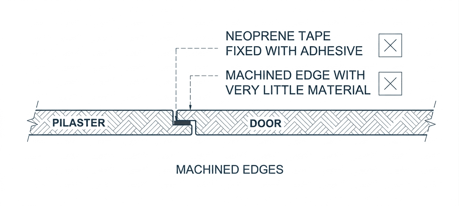 Technical drawing of machined compact laminate door and pilaster edges with neoprene tape fixed by adhesive.