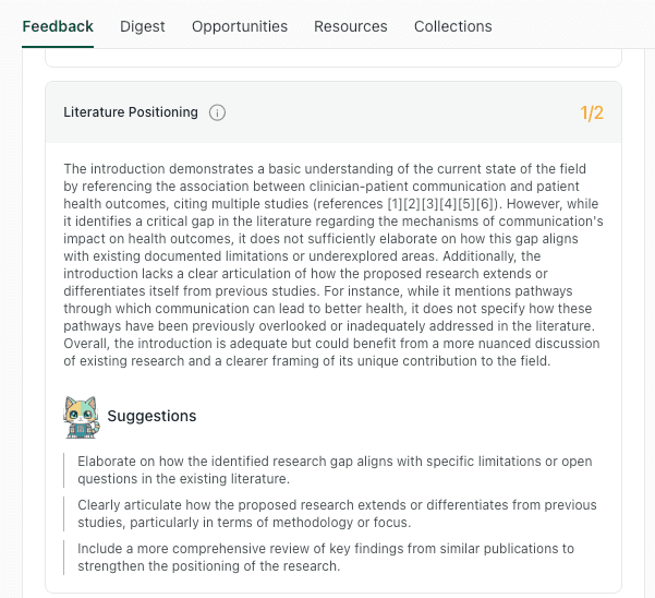 thesify Literature Positioning feedback showing suggestions to clarify how a stated gap aligns with documented limitations and how the study differentiates from prior work.