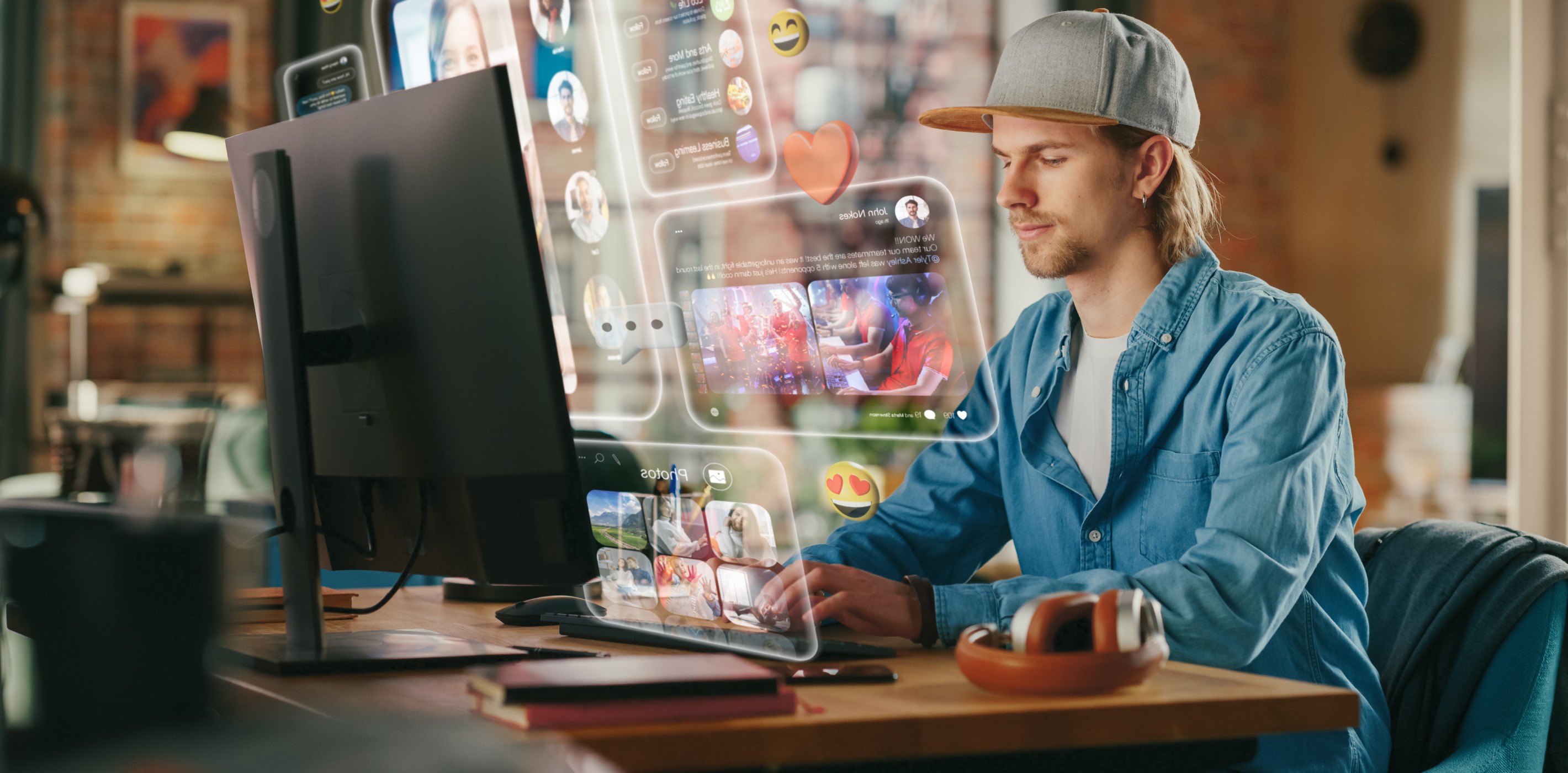 Junger Mann sitzt am PC und arbeitet an Social Media