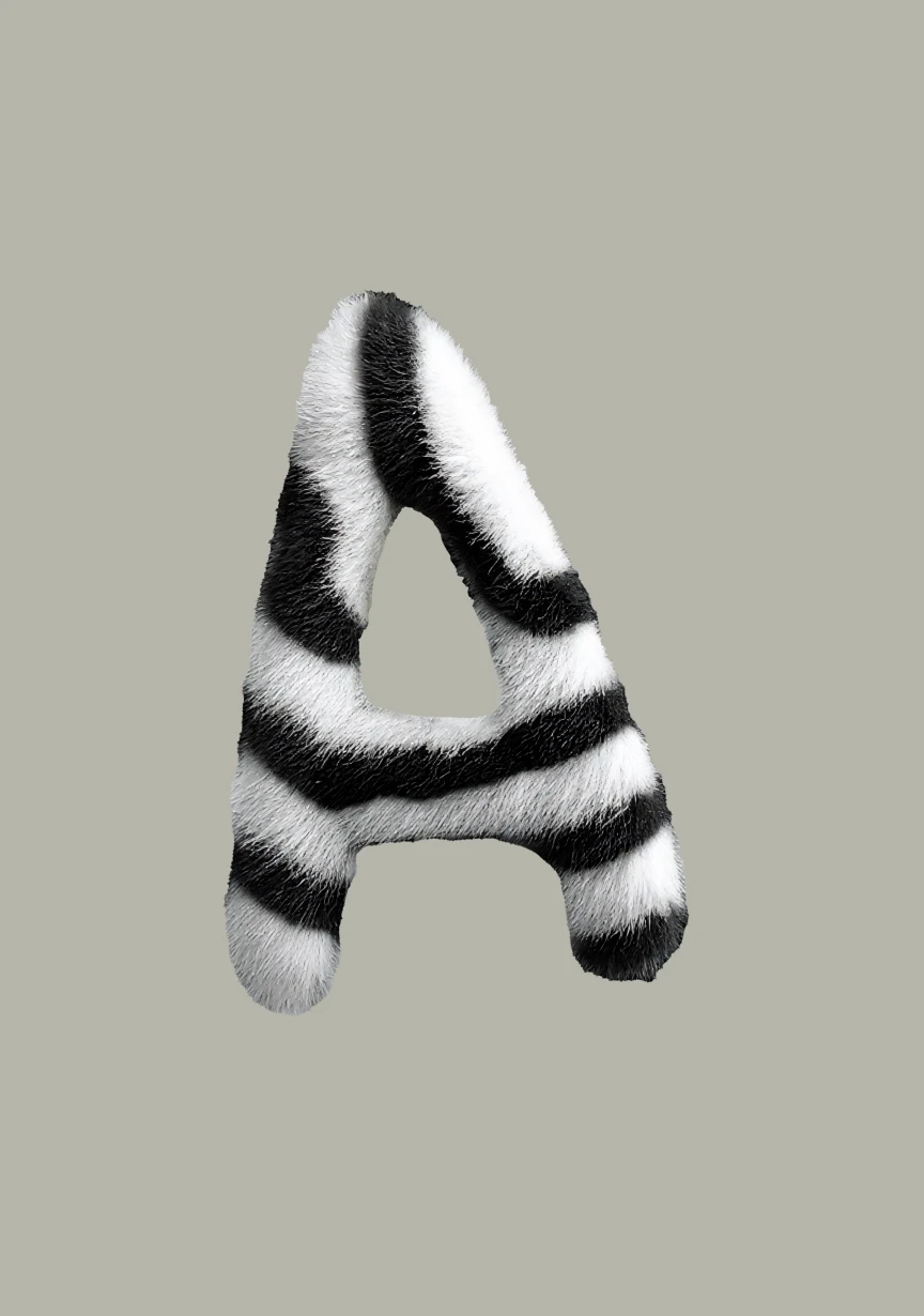3D letter ‘A’ with realistic zebra fur texture on a gray background.