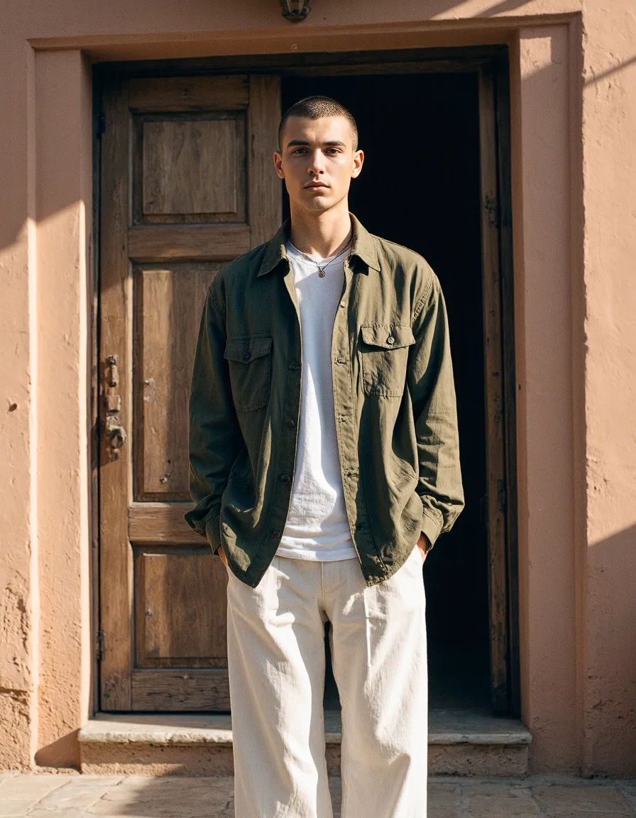 Person in olive utility shirt and white pants standing in doorway of terracotta building, bathed in warm Mediterranean sunlight