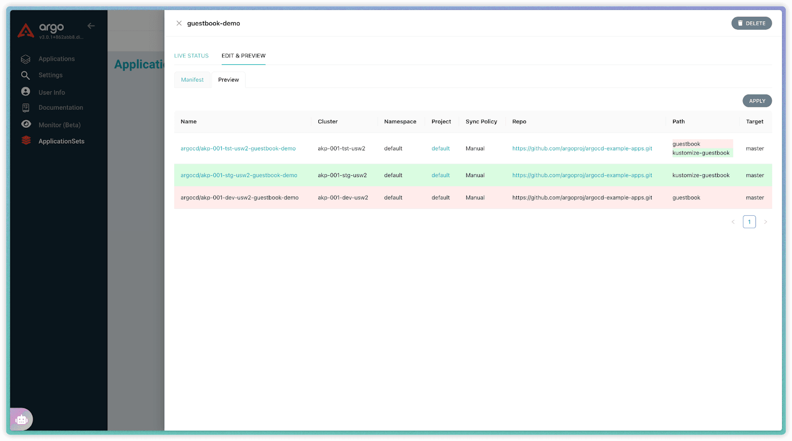 Diff preview showing updates to path and target clusters in the ApplicationSet before applying changes