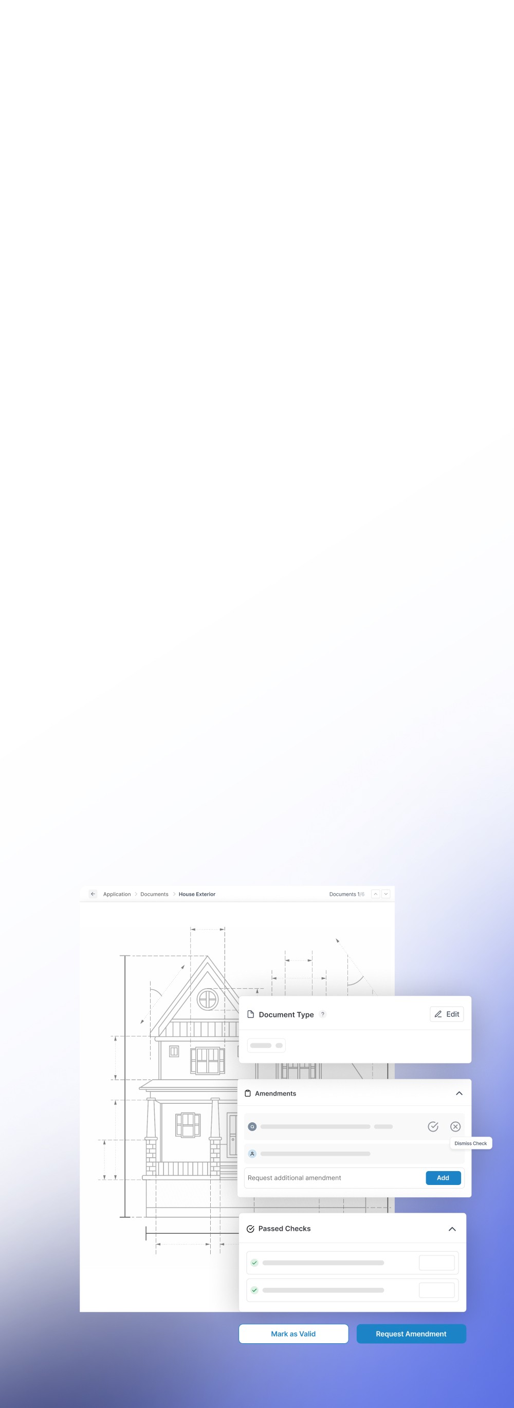 A person in a green sweater holds a pen and reviews a blueprint at a desk, with a small, paper model house in the foreground, suggesting architecture and home design concepts.